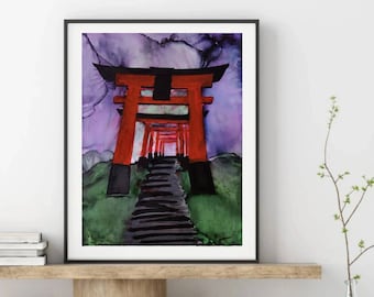 Original Japanese Torii Gate Painting: Shinto Shrine Alcohol Ink Art , Fushimi Inari Shrine