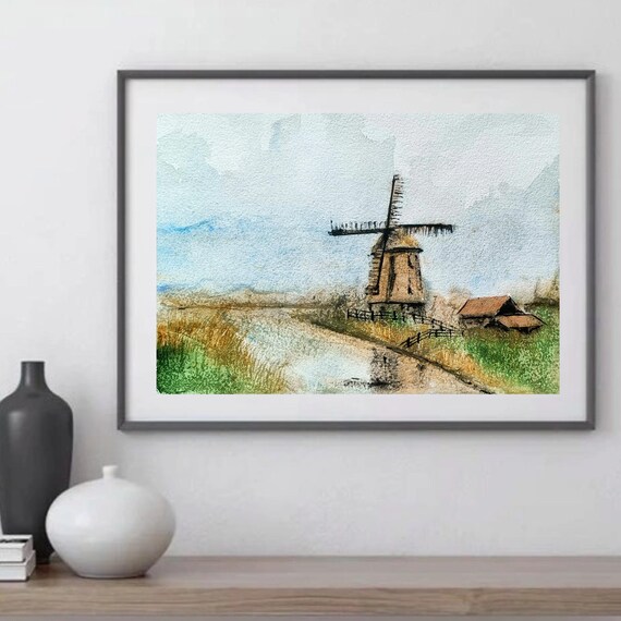 水彩風車画：オリジナルA4ヨーロッパ/オランダ風景画 - Etsy 日本