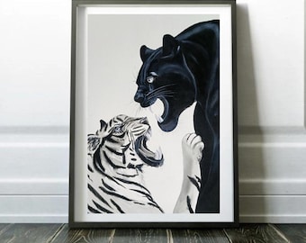 Arte de tigre y pantera negra, pintura original de tinta de vida silvestre, obra de arte animal monocromática