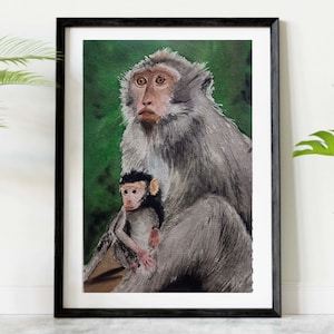 Aquarell Affen Malerei original | handmade Tierkunst | Wildtiere / Natur / Kinderzimmer / Kinderzimmer Wand Kunst | Familien Geschenk, Schimpanse/Orang-Utans