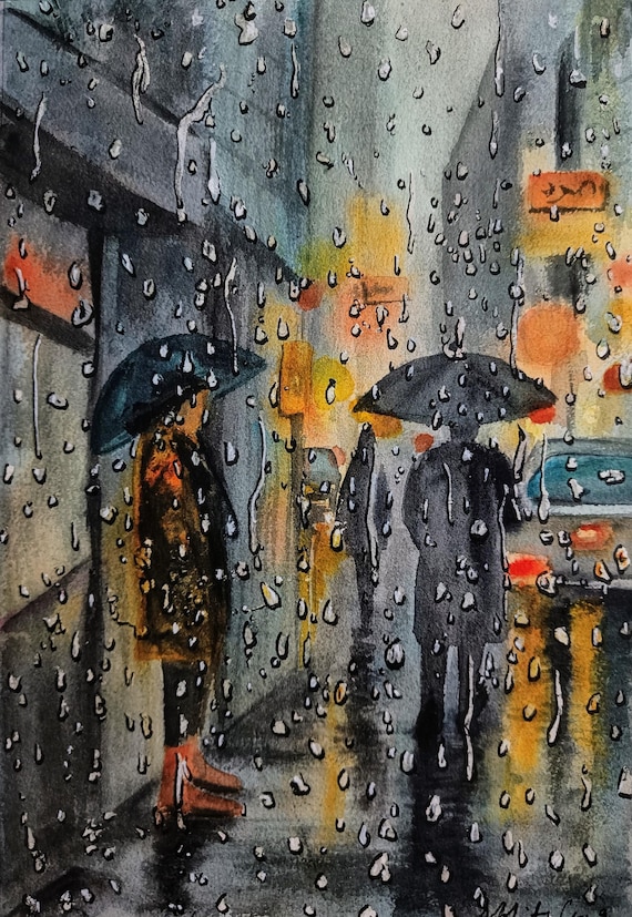 雨の降る街並みの水彩画：オリジナルの都会の風景、A4サイズのアート