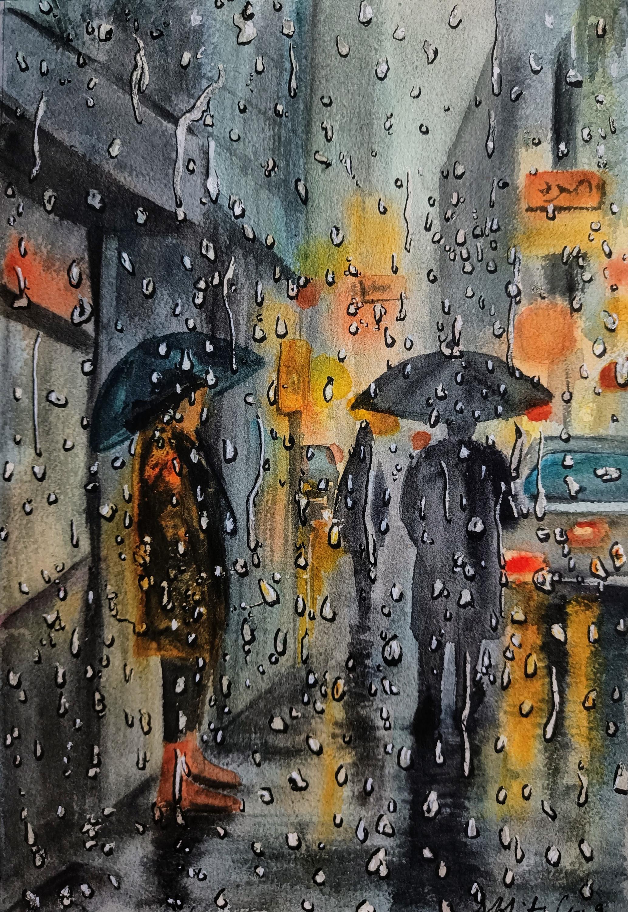 雨の降る街並みの水彩画：オリジナルの都会の風景、A4サイズのアート