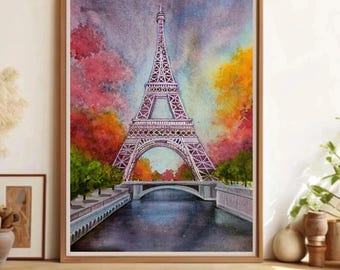 Acuarela original de París / Escena romántica de otoño con la Torre Eiffel / Paisaje francés pintado a mano para pared