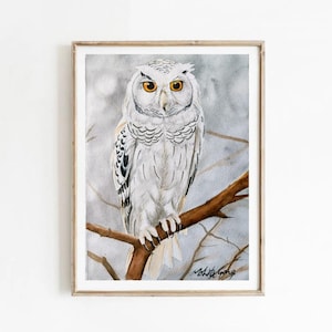 watercolor owl painting original,Bird Portrait , hand-painted Wildlife/Birds decor, Snowy Owl Wall art