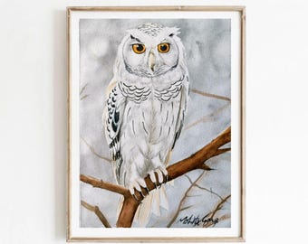 空飛ぶシロフクロウ オリジナル水彩画 猛禽類 シロフクロウ 壁アート