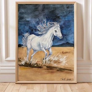 Running white horse watercolor Painting,  Original Horse Wall Art, Wildlife Art,Handmade animal art,Vastu/Strength Art, Farmhouse art