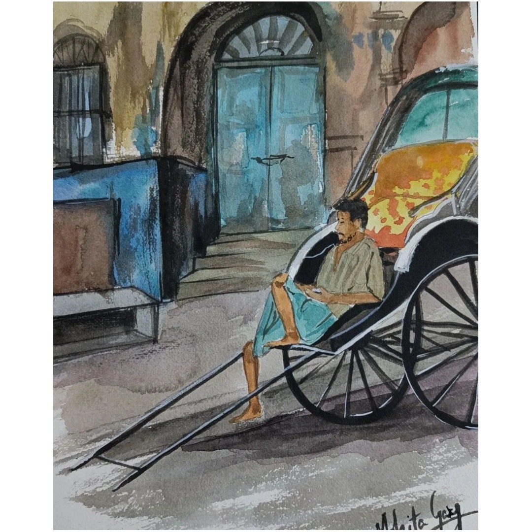 Indian Rickshaw Watercolor Painting Original, Kolkata Wall Art, Indian ...
