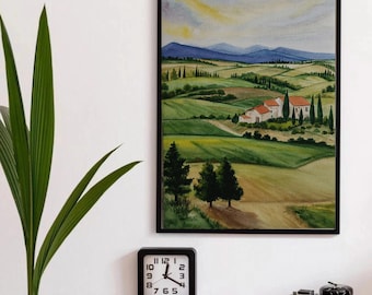 Tuscany Watercolor Painting original, Italian Villa Landscape Art , Italy Nature art