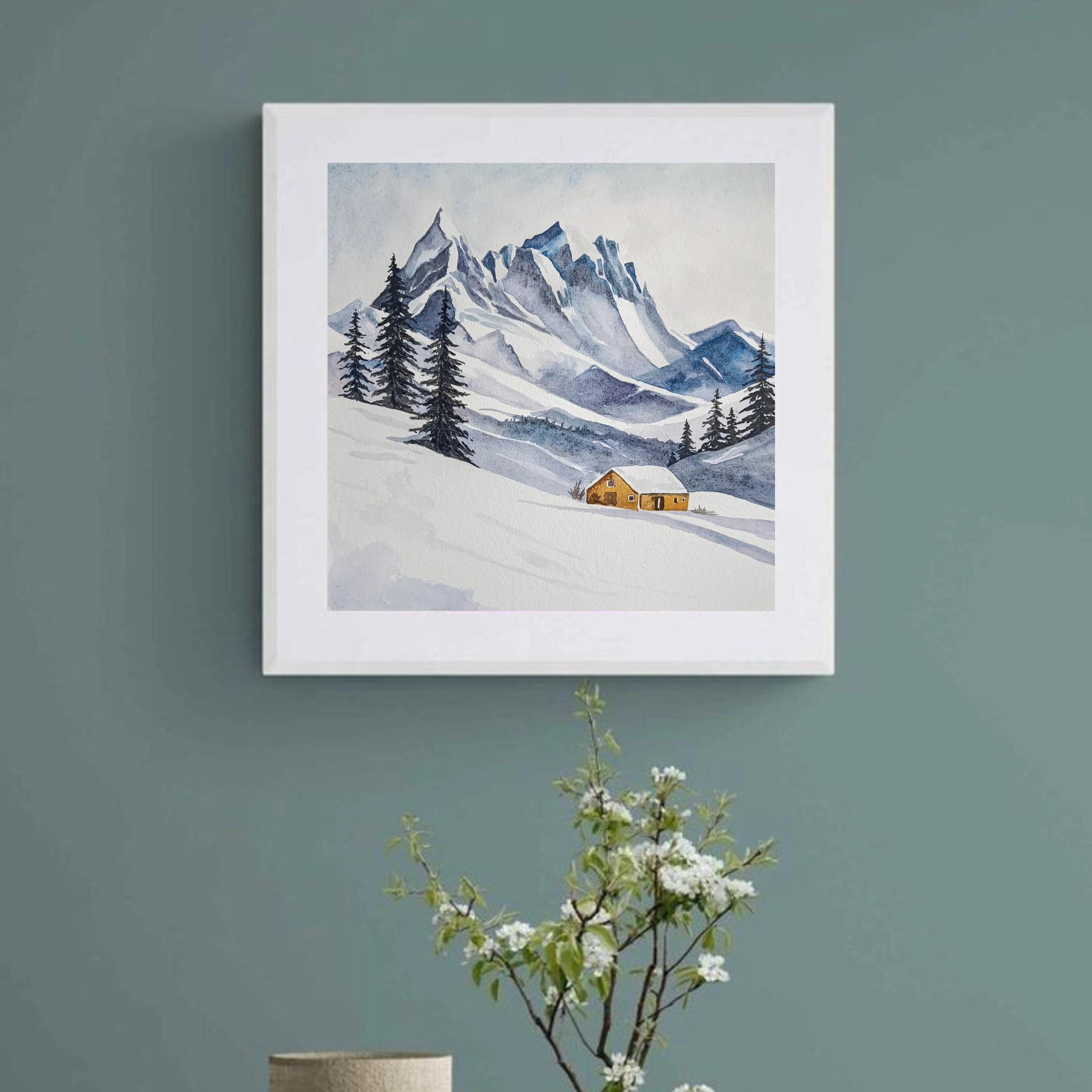 雪山小屋の水彩画：ミニマリストの冬景色アート - Etsy 日本