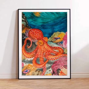 Original Octopus Watercolor Painting: Coral Reef Ocean Wall Art, Nautical/Coastal/Seaside art