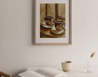 Coffee Painting: Original Sepia Art on Paper, Minimalist Home Decor