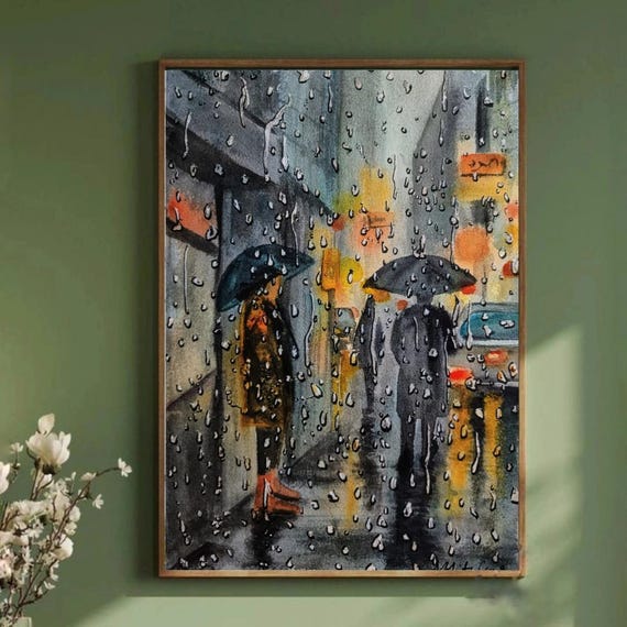 雨の降る街並みの水彩画：オリジナルの都会の風景、A4サイズのアート