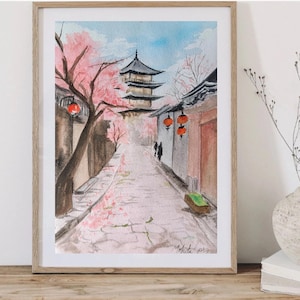 Kyoto Japan original watercolor painting, Minimal Japanese Wall Art, Cherry Blossom/Pagoda/Japandi/Sakura Decor, A4 Aquerelle art