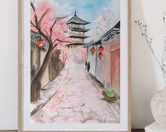 Kyoto Cherry Blossom original Watercolor Painting: Japanese Pagoda Art (A4)