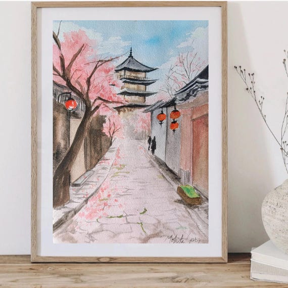 京都の桜のオリジナル水彩画：日本の五重塔アート（A4） - Etsy 日本
