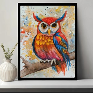 Watercolor Owl Painting: Colorful Bird Portrait, A4 Wall Art