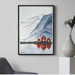 Norway Watercolor painting A4, original Minimalist landscape art,Lofoten/Fjords/Scandinavian wall art, Norwegian Cabin & misty mountains