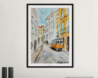 Lisbon Tram Watercolor Painting: Portugal Travel Art, Minimal Cityscape (A4)