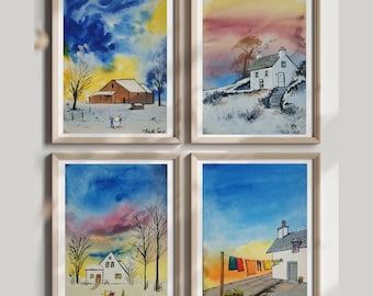 Original Cottage Christmas Art ,Snowy Farmhouse holiday wall decor  (Set of 2/4)