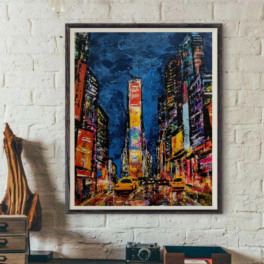 タイムズスクエアのアクリル画：オリジナルの都市景観、ニューヨーク市