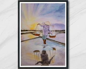 May include: Watercolor painting of a person carrying two baskets on a yoke, walking across a salt flat at sunset. The sky is a mix of purple, pink, and orange. The person is wearing a conical hat and a purple shirt.