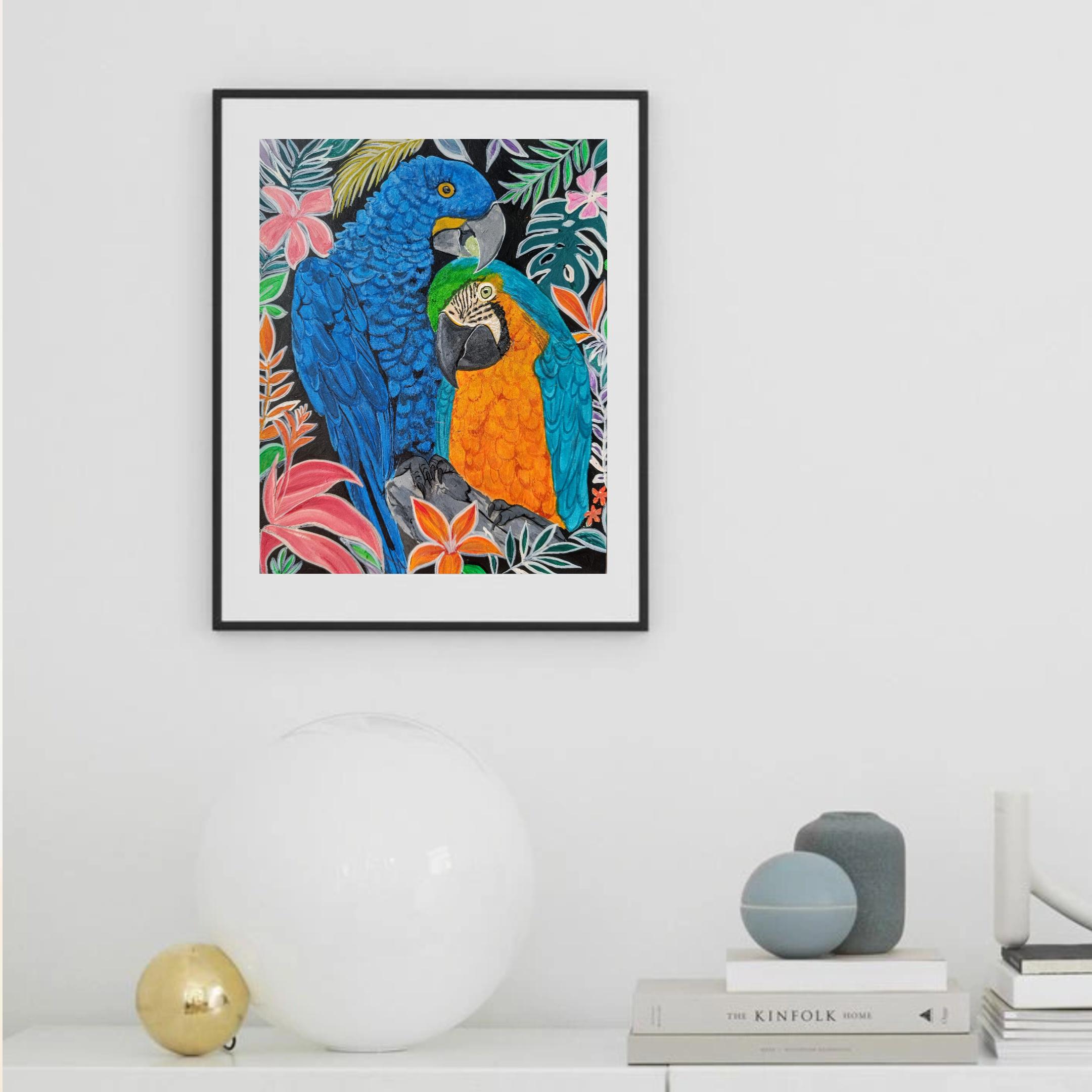 コンゴウインコの絵画：トロピカルグアッシュアート、エキゾチックな鳥
