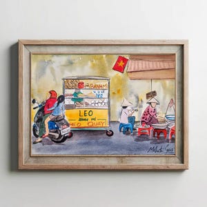 Vietnam Street food Watercolor Painting,Vietnam Banh Mi  wall art, Southeast Asian art , kitchen/dining art, Hanoi/Saigon street vendor