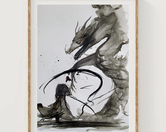 円相水墨画の龍 - 日本の墨絵風神話的アートプリント、白黒の