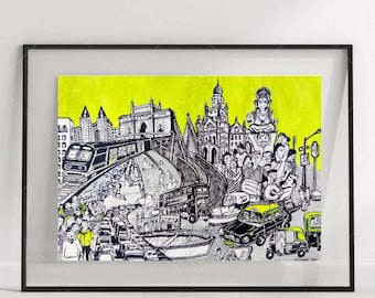 Mumbai India painting -original India Doodle| Asia/Travel/landmarks/Bombay/doodle/cityscape Art |home/office/living room decor, Mumbai gift