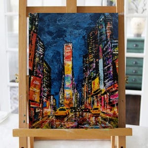 Dipinto originale di Times Square, New York, arte acrilica di New York, arte murale urbana, arte di paesaggi urbani notturni degli Stati Uniti, arte delle luci della città, New York vintage anni '90