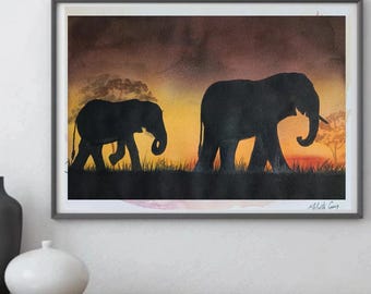 Wildlife Safari watercolor Art -Elephants at Sunset original Painting, African Savannah landscape art