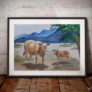 Watercolor Cow Painting, original farmland/rural village art, Animal Art, countryside/farmhouse decor,Indian cow Wall Art, Indian vastu art