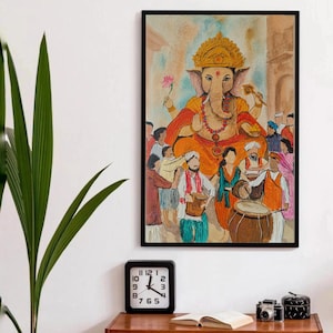 Pintura del dios indio Ganpati, arte acrílico indio original A3, pintura de Ganesha, arte de Ganesh Chaturthi Maharashtra, decoración de templo hindú