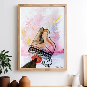 Arte de piano en acuarela original, piano de cola caprichoso, arte de pared para guardería/estudio de música, regalos para músicos/pianistas, pintura musical A3 vertical