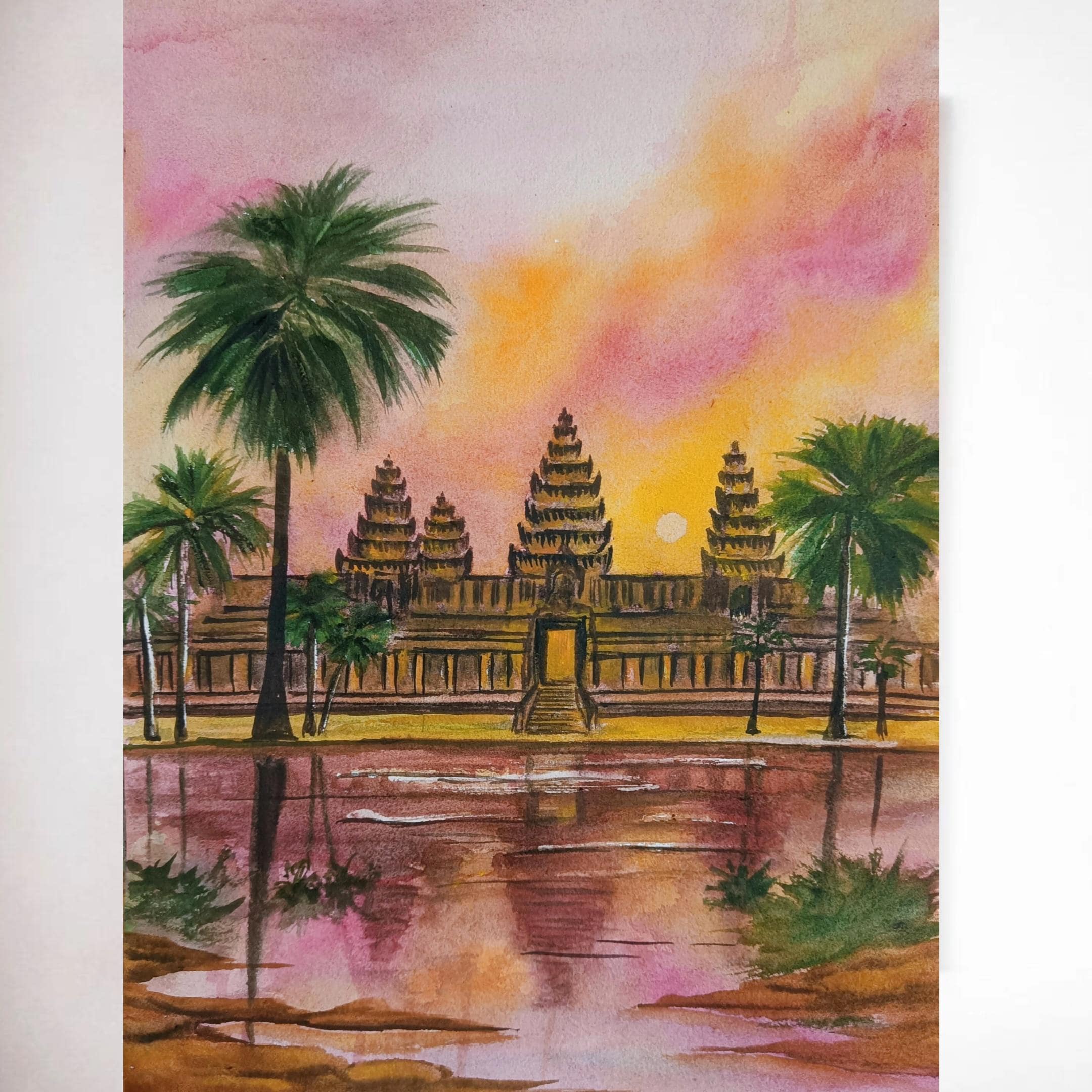アンコールワットの水彩画：カンボジア寺院の夕焼けアート（11×14