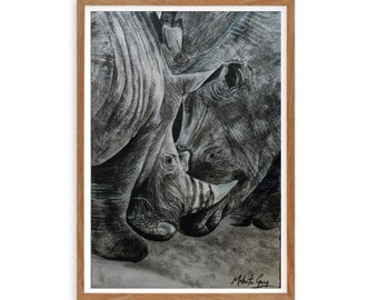 May include: A framed monochrome pencil drawing of two rhinoceroses. The artwork highlights the textures of the rhinos' skin and horns. The artist's signature is in the bottom right corner. The frame is a light brown colour.