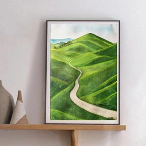 Watercolor Tuscany Landscape Painting: Green Rolling Hills Art