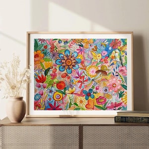Wunderliche Gartenmalerei | Blumen,Biene,Schmetterling,Käfer | Original Aquarell Kunst, bunte Boho Wand Kunst, abstrakte Frühlingsblumen Dekor