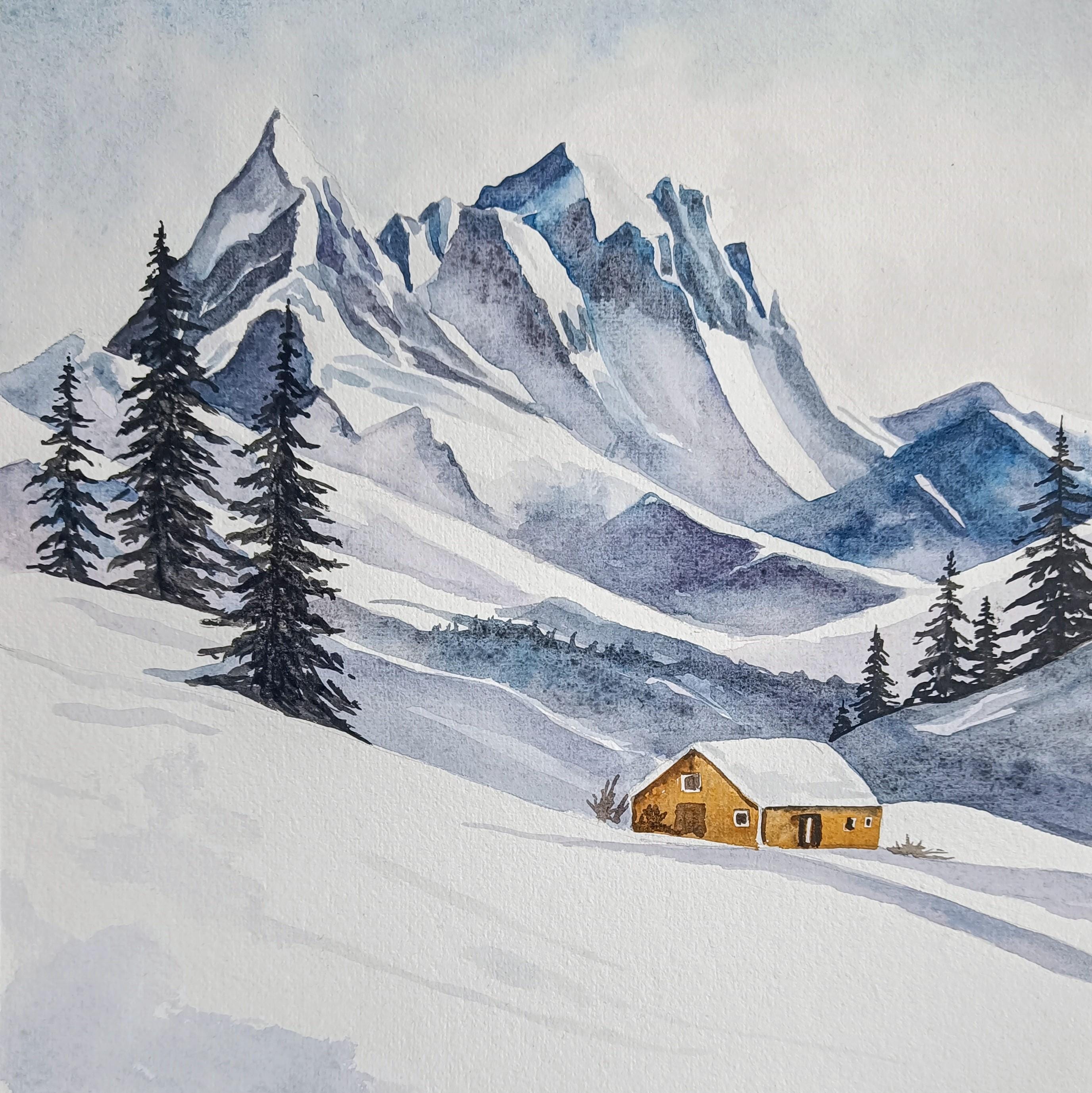 雪山小屋の水彩画：ミニマリストの冬景色アート - Etsy 日本