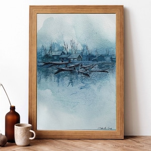 Kashmir Dal Lake Watercolor Painting – Original Indian Landscape Art, Srinagar Shikara Boat, Tranquil Winter Lake Art, South Asian art
