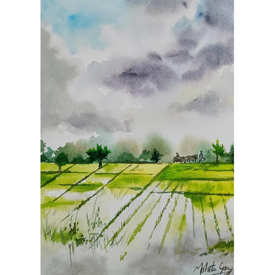 オリジナルの水彩画、インドの田舎の村の風景画（A4）、田舎のアート