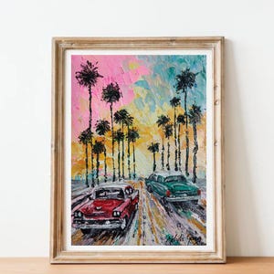 Pittura acrilica con texture California LA, arte originale di viaggio negli USA, arte di auto retrò, arte murale USA, arte di Los Angeles, regali di Hollywood California