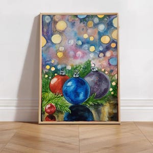 Pintura de adornos coloridos: arte de acuarela original A4, regalo de arte de celebración de decoración navideña hecho a mano, arte de pared pop/ecléctico