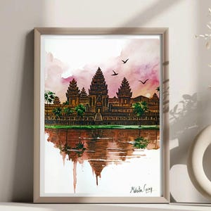 Angkor Wat Watercolor Painting: Sunset Temple Art, Cambodia Landmark