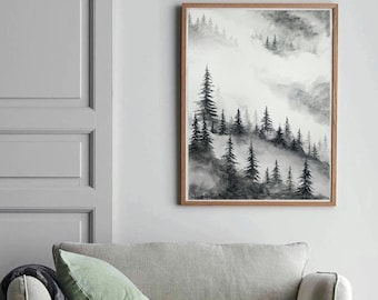 Misty Forest Watercolor Painting original: Minimalist handpainted A3 black and white Wall Art