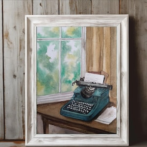 Dipinto originale di macchina da scrivere vintage, acquerello in formato A4, arte murale retrò, arredamento per ufficio/casa/studio/soggiorno, regalo d'arte letteraria