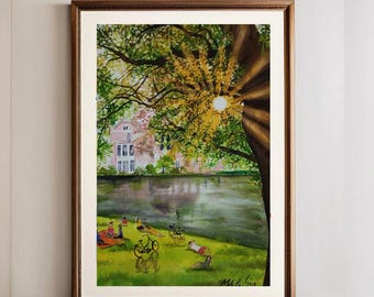 Original Aquarell Picknick Gemälde: Entspannende Parkszene, Nachmittagssonne Kunst, Vondel Park