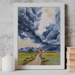 Dipinto ad acquerello originale A4, arte murale con paesaggio monsonico, arredamento per la casa neutro/campagna/terroso, acquerello piovoso