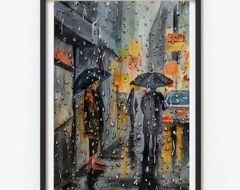オリジナル水彩画 雨の中の路面電車 恋人たちのキス 夜景 - Etsy 日本