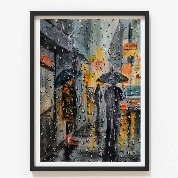 雨の降る街並みの水彩画：オリジナルの都会の風景、A4サイズのアート